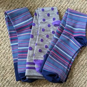 3 Women's Skinergy knee high compression socks purple gray pink stripes and dots